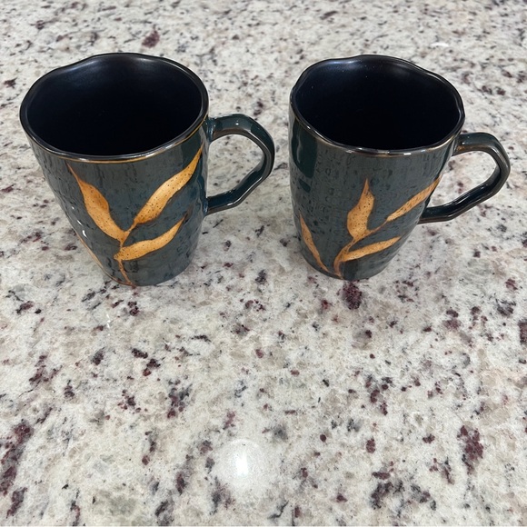Pier 1 Other - Pier 1 Imports 2 Dakara Stoneware Hand Painted Mugs Green Bamboo Leaf Retired